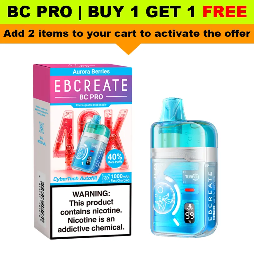 EBCREATE BC PRO 40K disposable vape, Aurora Berries flavor, with packaging and BOGO offer.