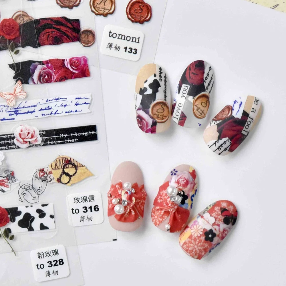 [Beautizon] 2021 New 3D Engraved Nail Stickers Rose flowers Paper texture pattern high quality Empaistic Butterfly Sticker