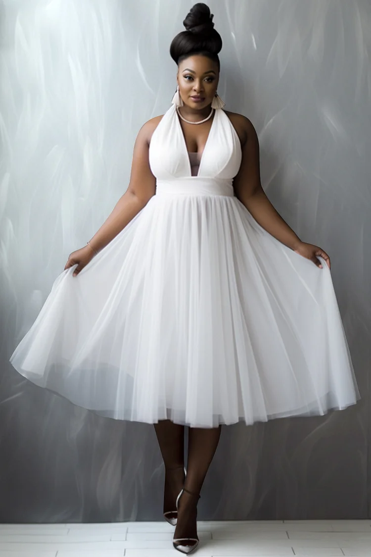 Xpluswear Design Plus Size Wedding White Sundress Halter Collar Backless Tulle Midi Dresses [Pre-Order] 2024 - Xpluswear