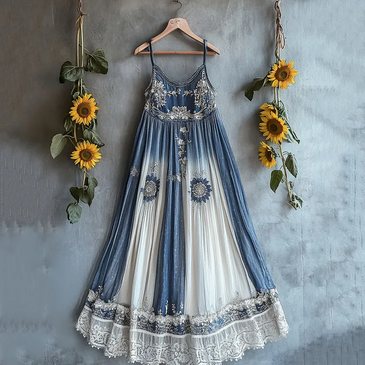 Lunivibe Fashionable Bohemian Sunflower Gradient Lace Patchwork Linen Dress