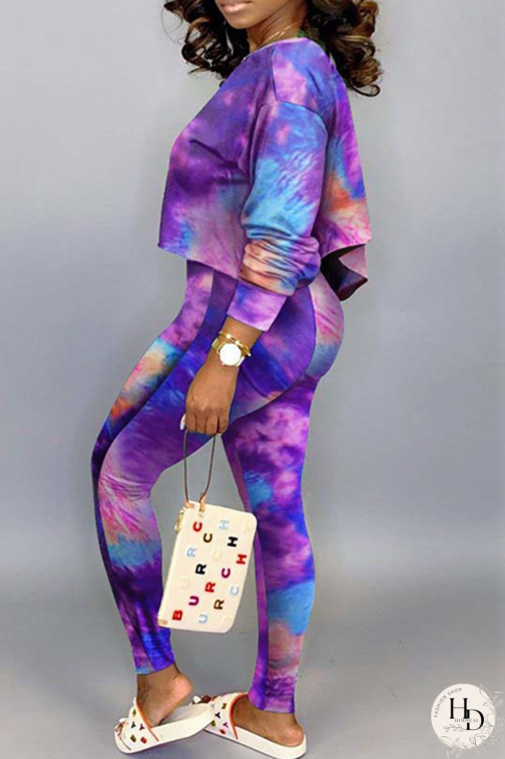 Green Fashion Casual Print Tie-dye Oblique Collar Long Sleeve Two Pieces