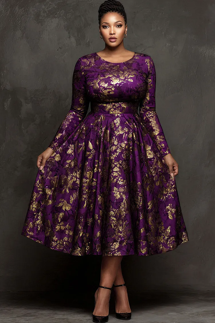 Xpluswear Design Plus Size Cocktail Party Purple All Over Print Round Neck Long Sleeve Satin Midi Dresses [Pre-Order] 2024 - Xpluswear