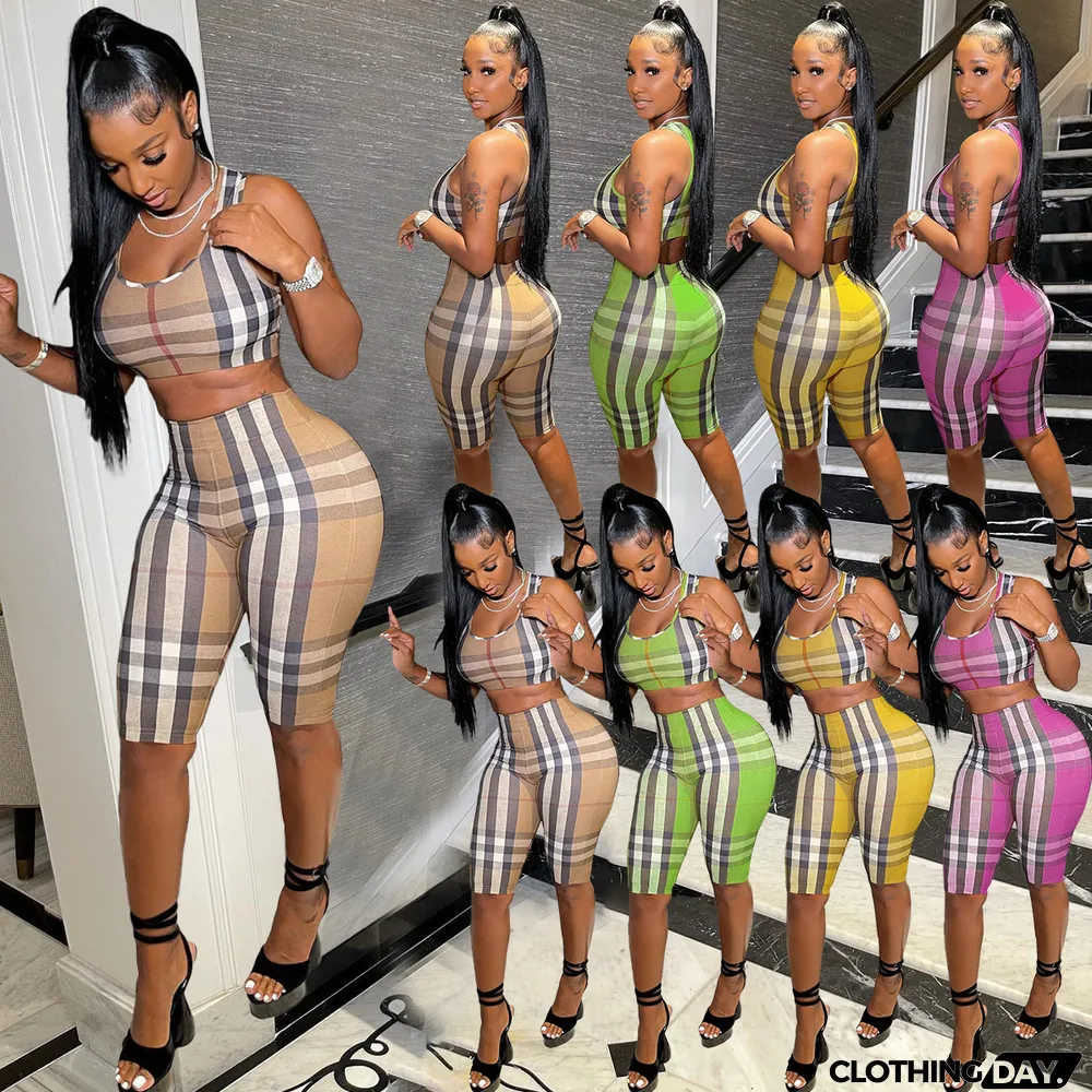 Plus Size Plaid Tank Top And Shorts 2 Piece Sets