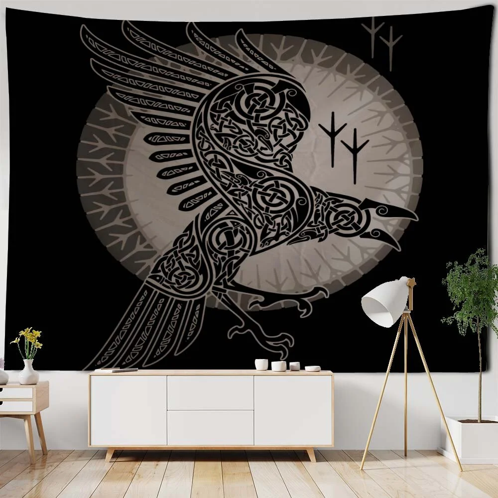 Nigikala Crow Tapestry Psychedelic Rune Character Art Wall Hanging Home Wall Decor Hippie Witchcraft Tarot Room Background Cloth