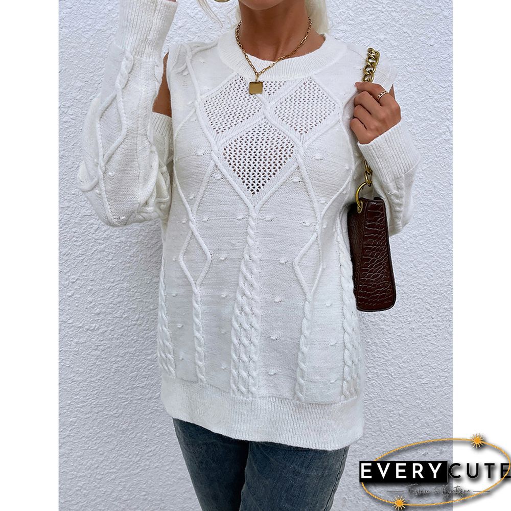 White Hollow Out Knitted Cold Shoulder Sweater