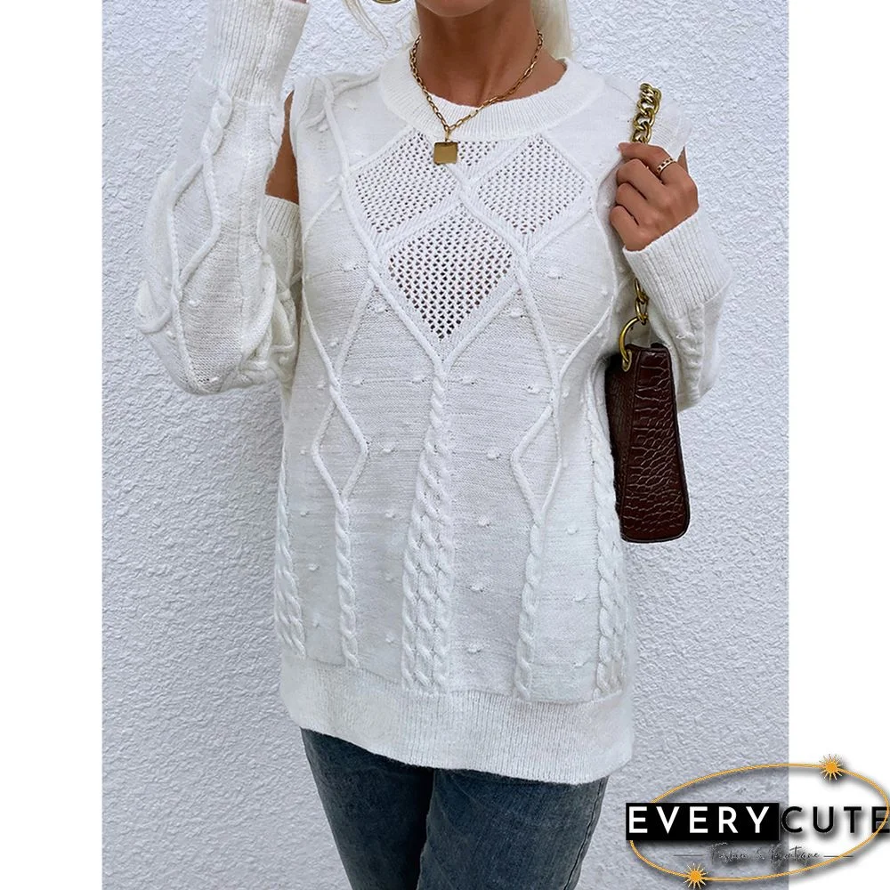 White Hollow Out Knitted Cold Shoulder Sweater