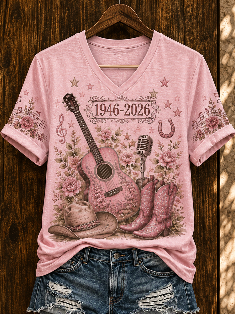 Women's V-neck Short-sleeve T-shirt Featuring Acoustic Guitar, Cowboy Hat, Boots, And Roses 1946-2026 artswardrobe
