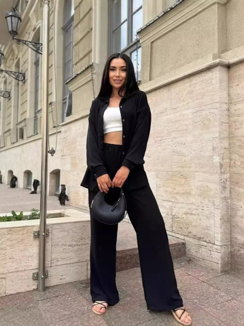 Churchf Churchf New Autumn Solid Color Lapel Long Sleeve Shirt Jacket Casual Pants Set