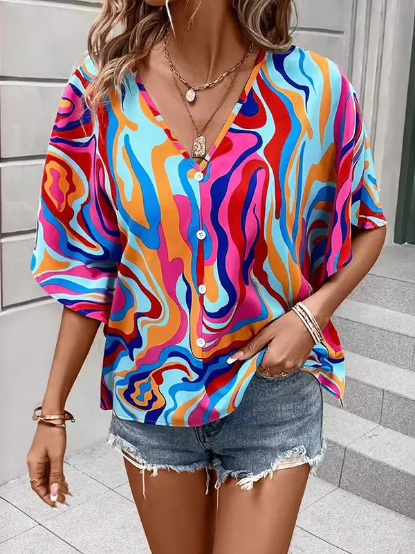 Buttoned Printed Batwing Sleeves Loose V-Neck Blouses&Shirts Tops