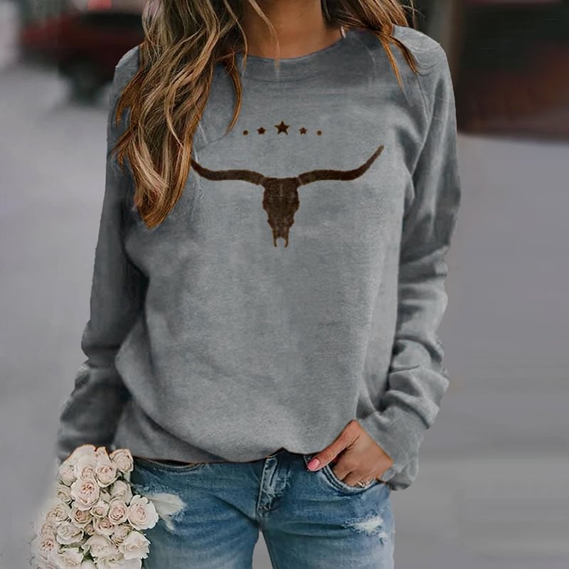Western Print Simple Casual Long Sleeve Sweatshirt