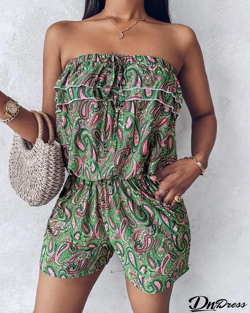 Paisley Print Ruched Pocket Design Bandeau Romper