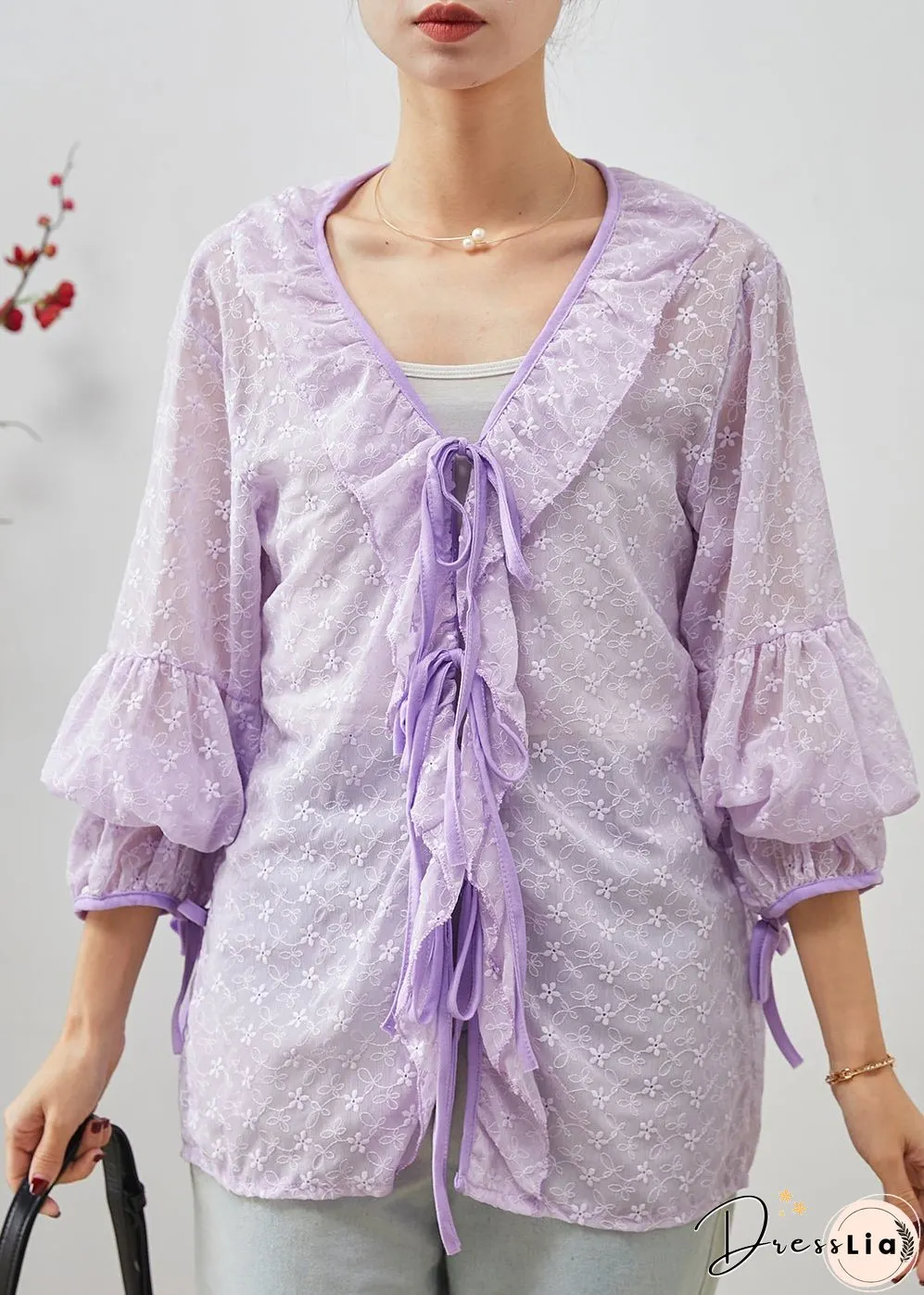 Purple Lace Shirt Tops Embroidered Ruffles Spring