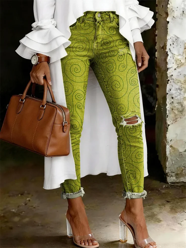 Women's Fashion Casual Art Print Ripped Skinny Jeans