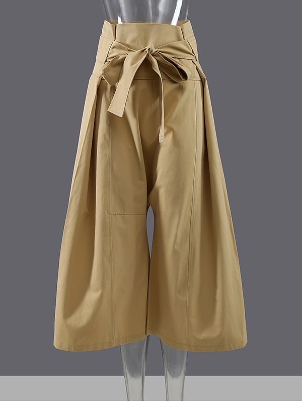 Casual Solid Color Pleated Tied Wide Legs Loose Pants