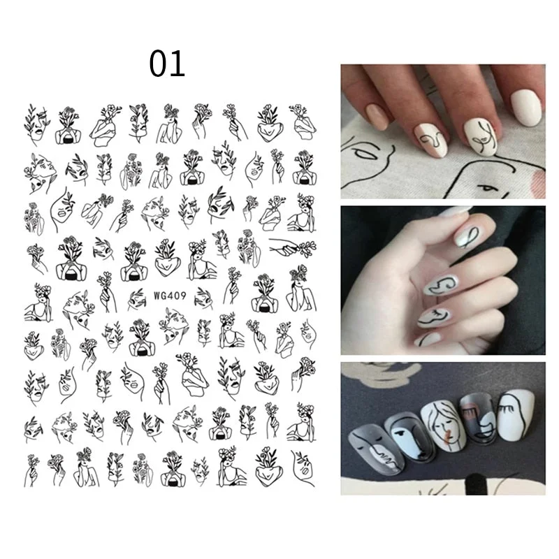 1 Sheet 3D Nail Stickers Women Face Nail Decals Sexy Girl Flower Decals Water Transfer Sliders Line Floral Foil Wraps Decoration