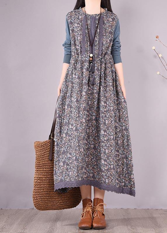 VCSHOES Blue Patchwork Print Dresses O Neck Lace Robe Spring Dresses