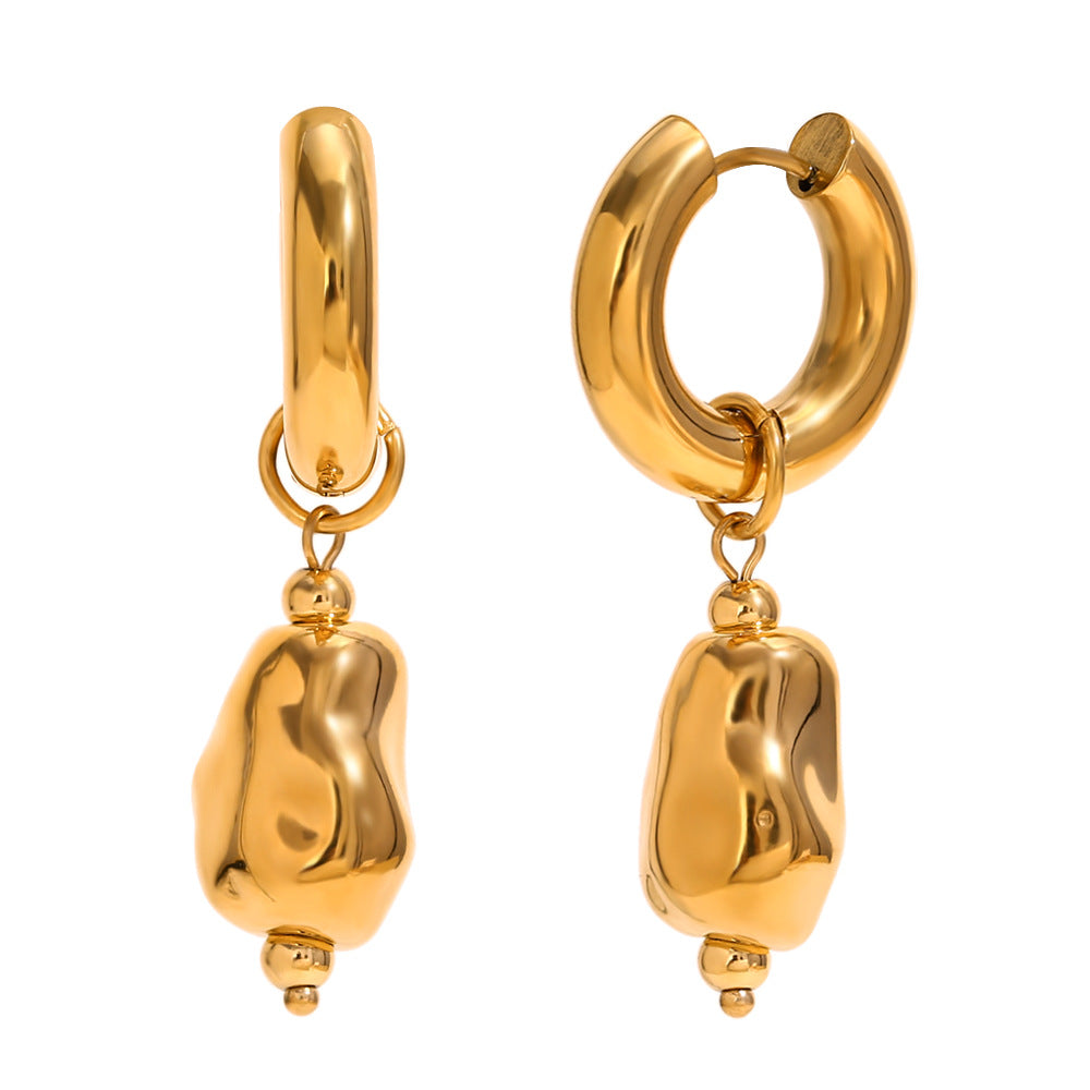 Niche Retro Personality Earrings Stainless Steel Plated 18K Gold Irregular Smooth Iron Bead Bracelet