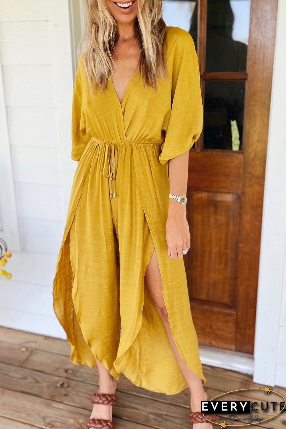 Yellow Surplice V Neck Half Sleeves Slit Leg Jumpsuit