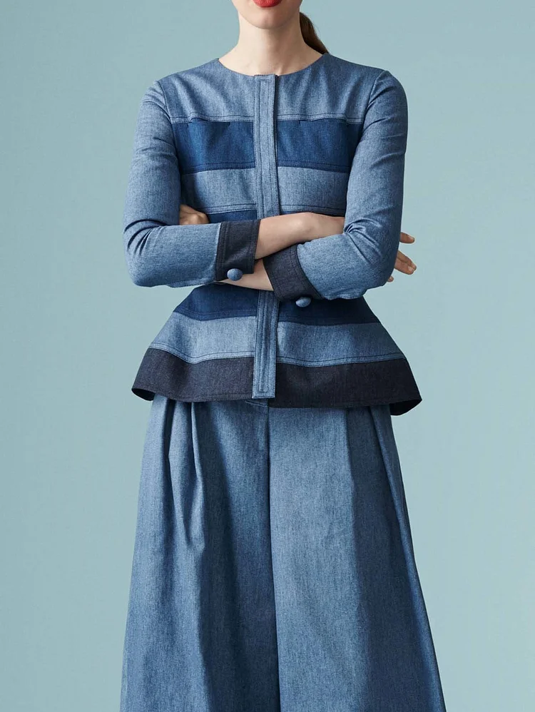 Daily Colorblock Crew Neck Long Sleeve Denim Blouse
