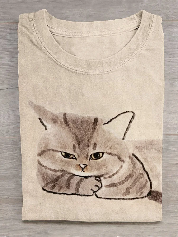 Funny Cat Art Print Casual T-Shirt