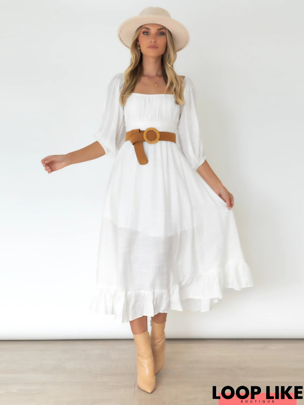 UNDER THE TUSCAN BACK TIE BOW PUFF SLEEVE MID DRESS - WHITE