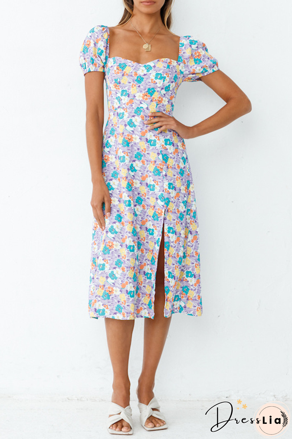 Elegant Floral Slit Strap Design Square Collar A Line Dresses