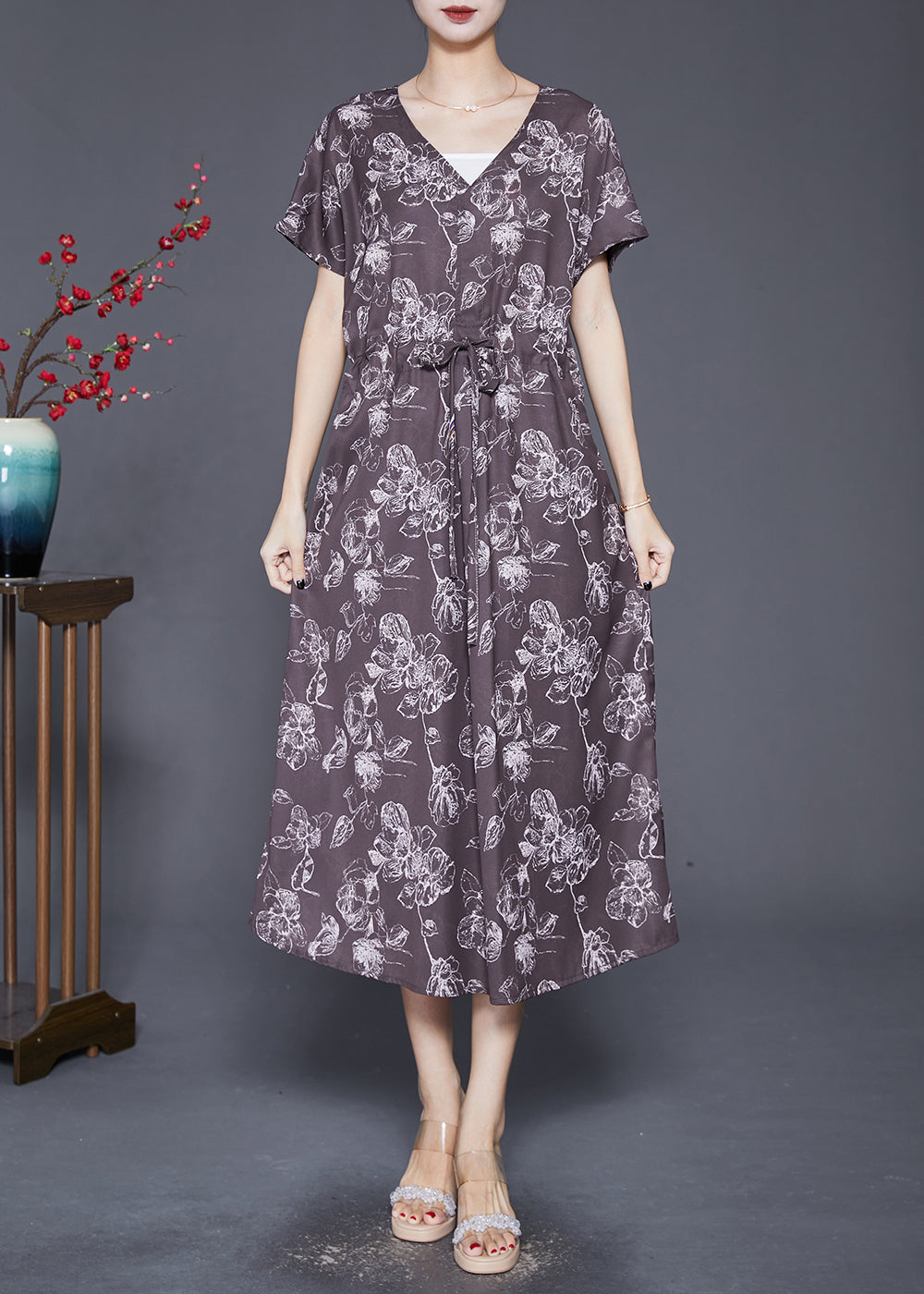 VCSHOES Chocolate Cinched Print Silk Party Dress Summer