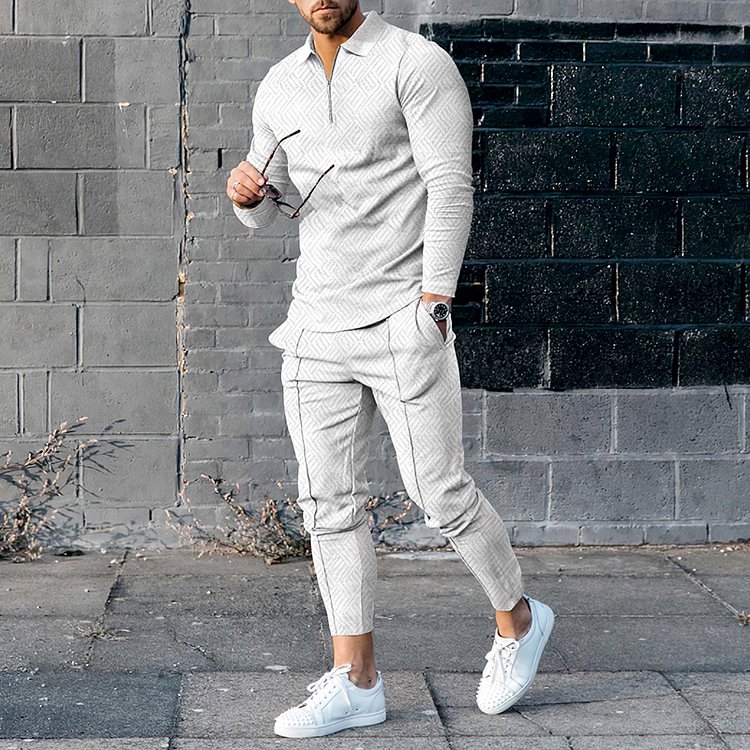 BrosWear Stylish White Texture Polo Shirt And Pants Two Piece Set