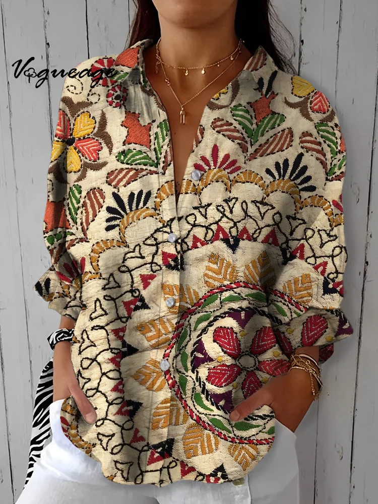Fashion Retro Elegant Plant Pattern Printed Cotton And Linen Shirt