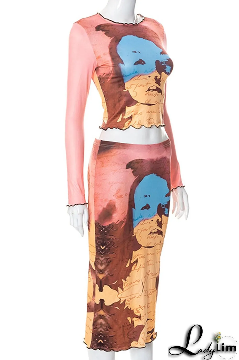 Pink Brown Casual Street Print Patchwork O Neck Long Sleeve Two Pieces
