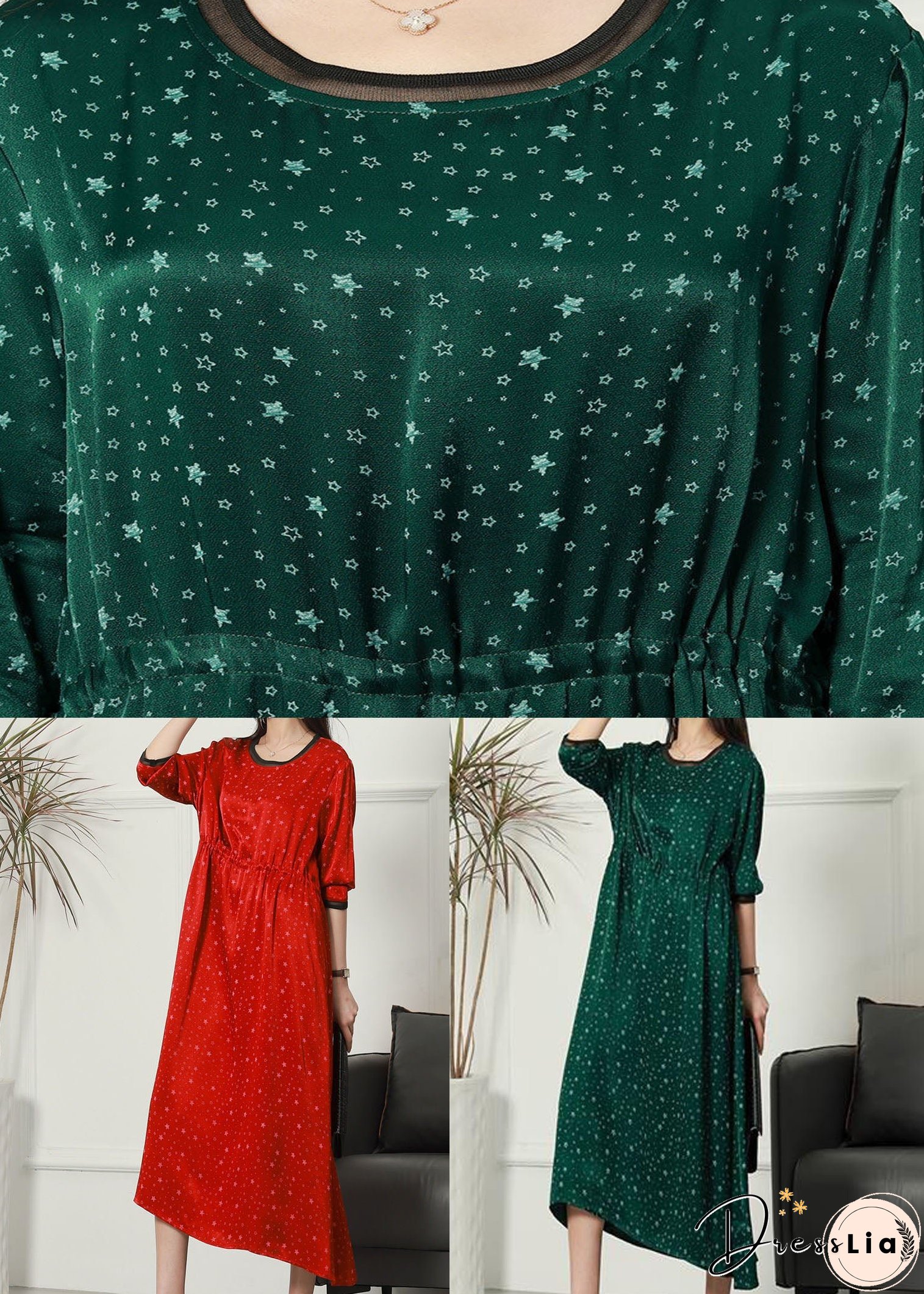 Women Green O Neck Print Patchwork Thin Silk Dresses Spring