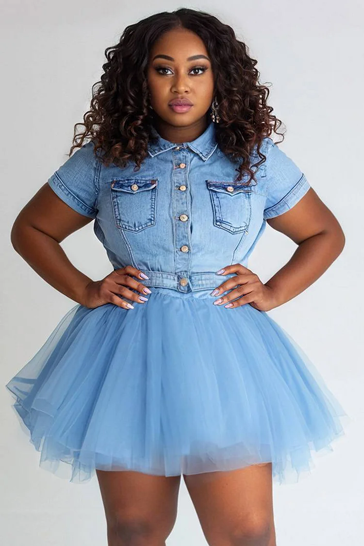 Xpluswear Design Plus Size Vacation Tulle Light Blue Casual Shirt Collar Short Sleeve Contrast Denim Mini Dresses [Pre-Order] 2024 - Xpluswear