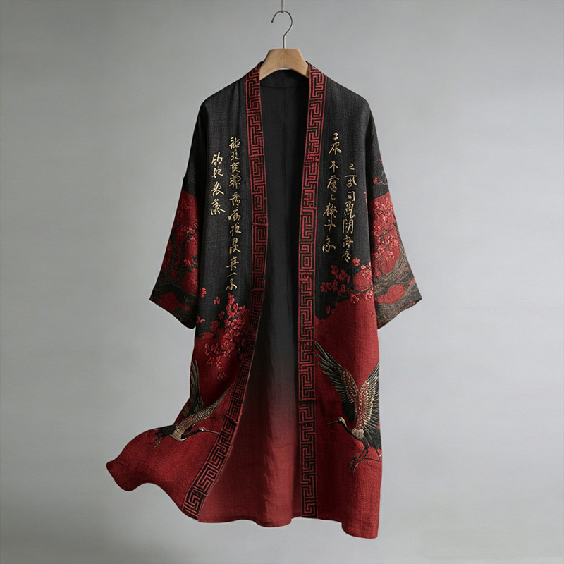Retro Japanese Crane And Calligraphy/painting Pattern Linen Blend Kimono  artssus