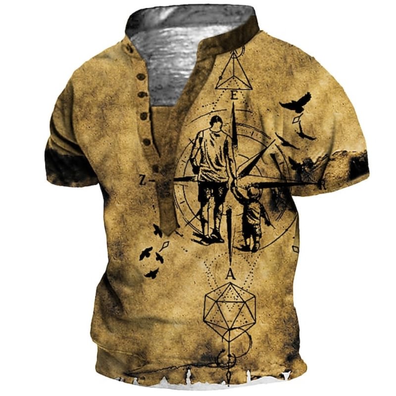 Men's Retro Short Sleeve Compass Print Henley T-shirt