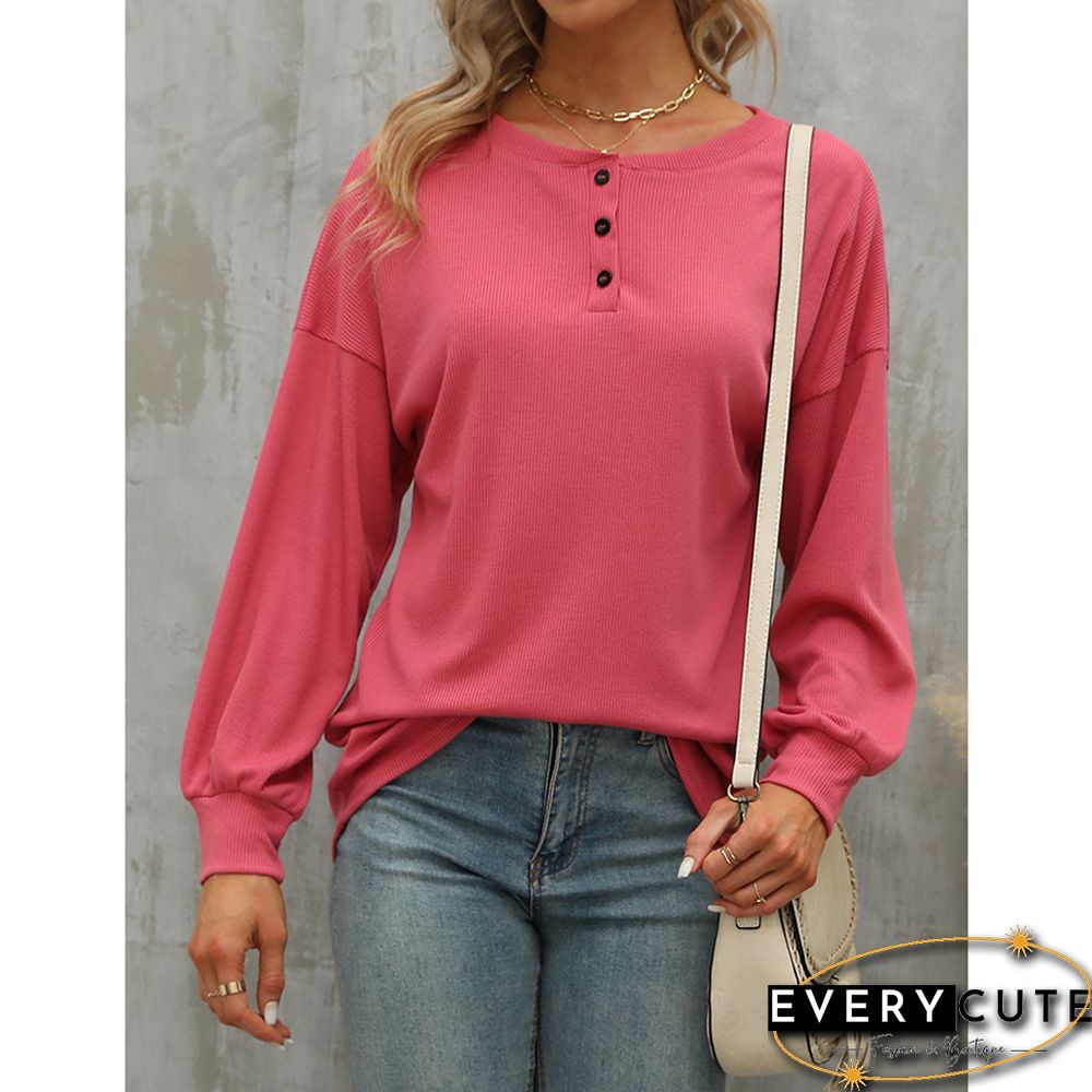 Pink Button-up Drop Shoulder Puff Sleeve Tops