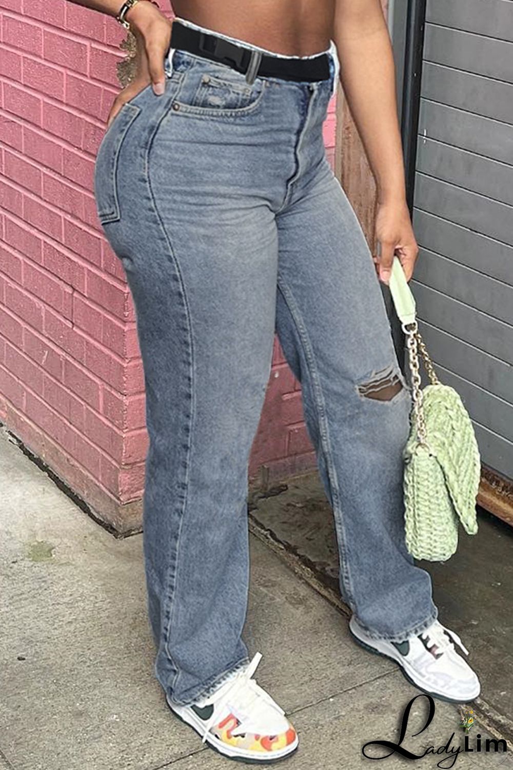 Blue Fashion Casual Solid Ripped High Waist Regular Denim Jeans