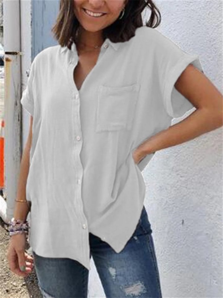 Casual Cotton Linen Shirt Short Sleeve Vintage Tops -vasmok