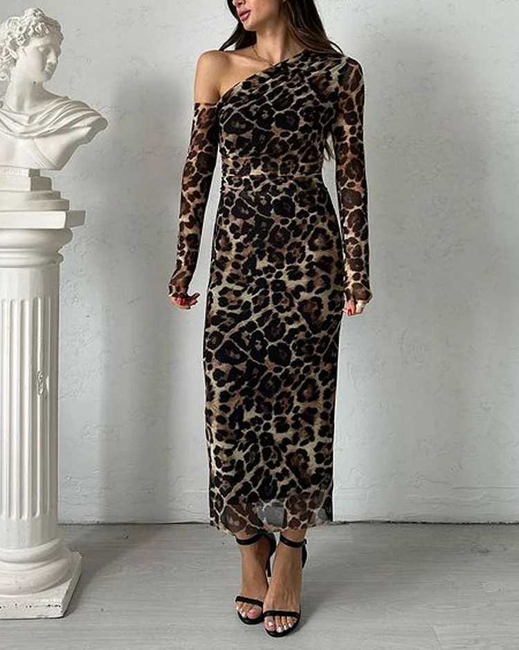 Elegant Off-the-shoulder Leopard Print Dress