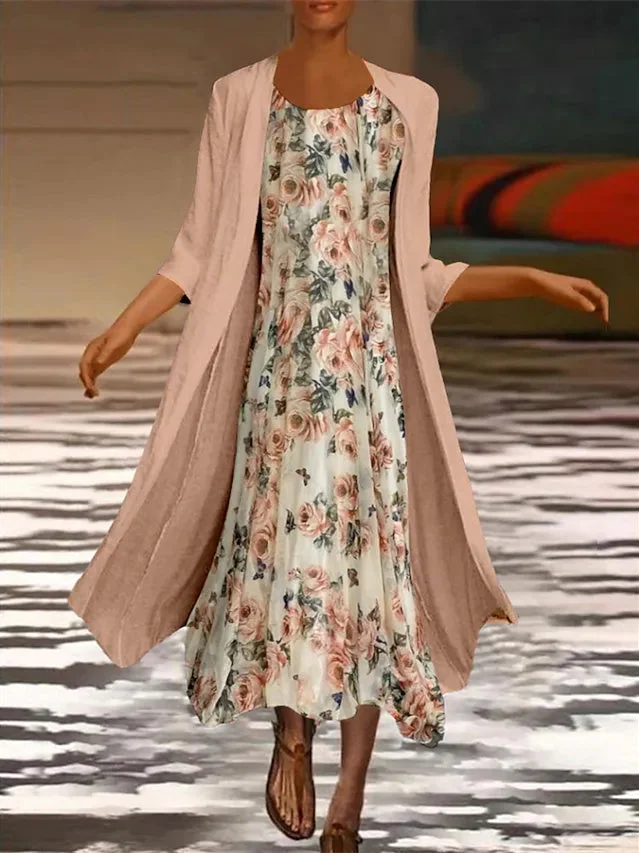 Women's 3/4 Sleeve Scoop Neck Floral Printed Two-Piece Midi Dress