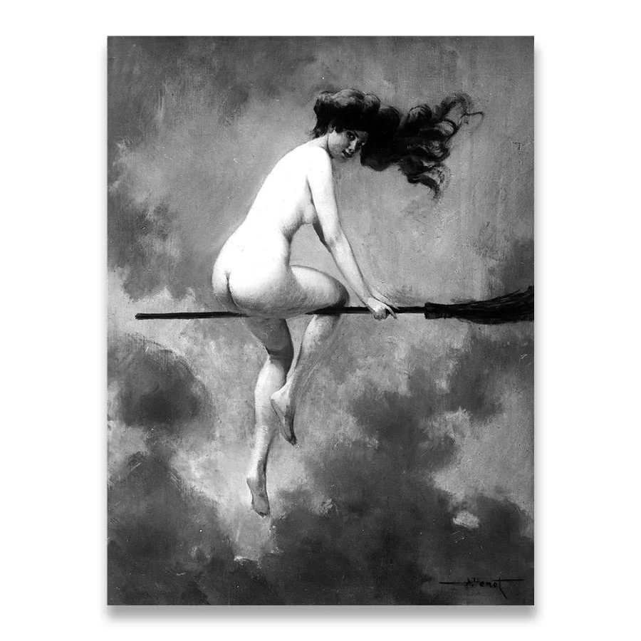 Witch Riding Broomstick Vintage Poster Wall Art Canvas Print Witch Broom Gothic Occult Halloween Antique Black White Painting