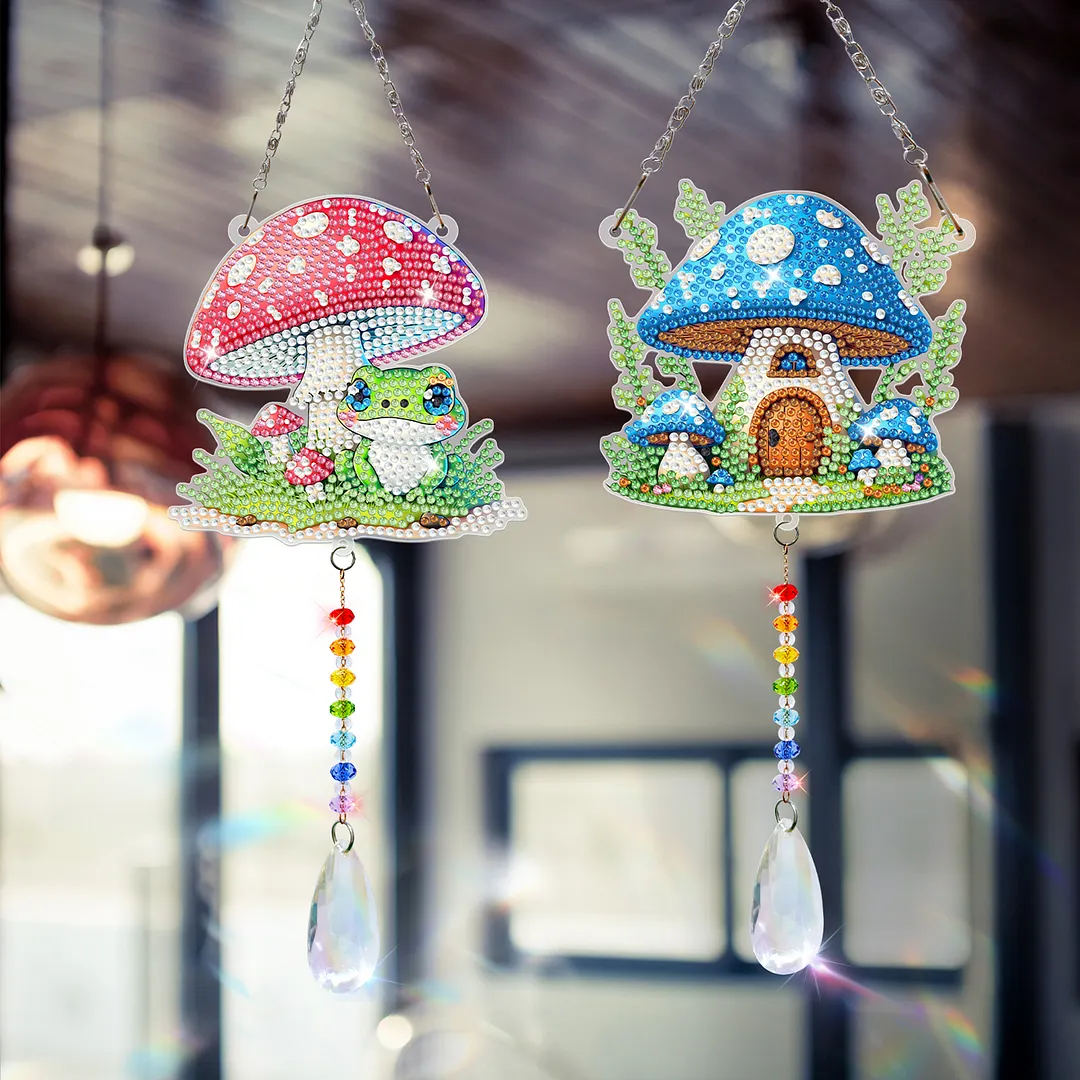 2Pcs Mushroom House DIY Double-Sided Diamond Painting Hanging Kits Diamond Painting Suncatcher Craft Kit for Home Garden Wall Decor Gift