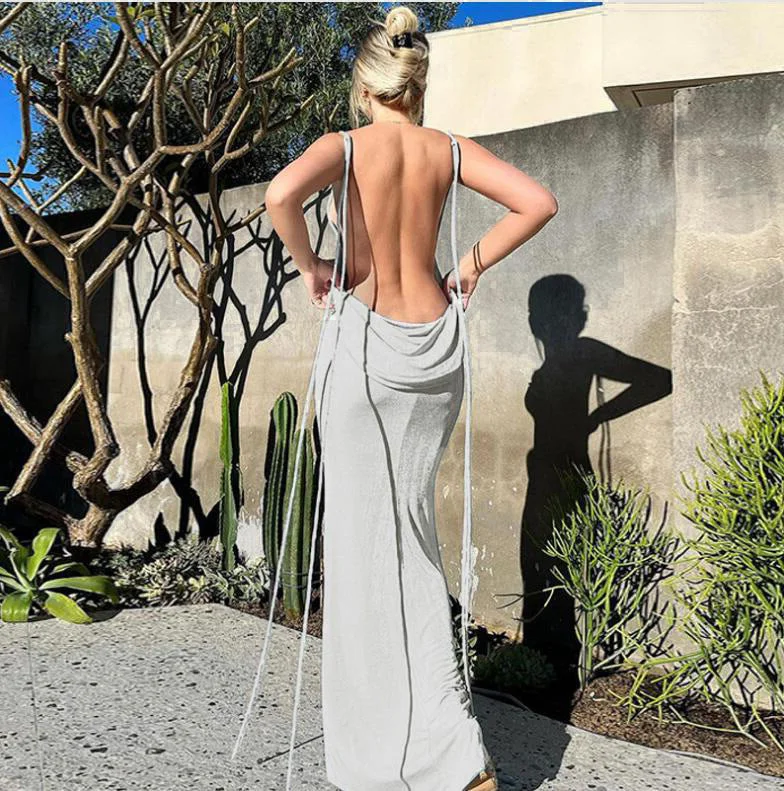Brownm Backless Lace Up Long Dress Dresses