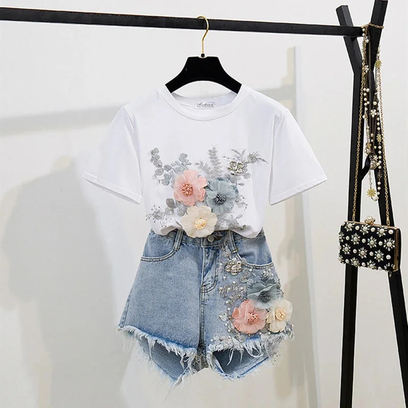 Huiketi Cotton T-Shirt Tops + Short Jeans 2 Pieces Sets 2024 New Summer Women's Denim Pants Outfits 3D Flowers Beading Suits