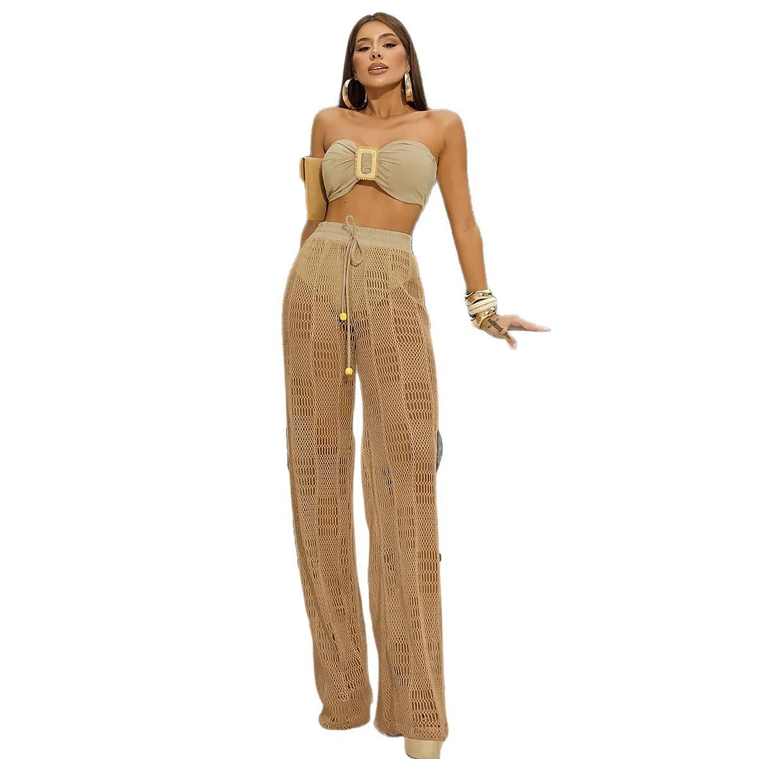 Athvotar Solid Color Strap With Bra High-Waisted Split Swimsuit Bikini Long Net Trousers Three-Piece Set 2025 New