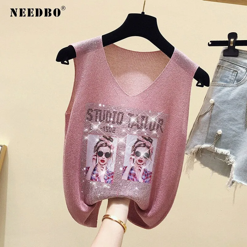 NEEDBO Diamond Tank Vests Women Tops V-neck Solid Fashion Female Sleeveless Casual Thin Top Pink Green Summer Knit Tee Shirt