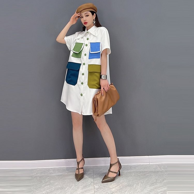 Chic Peter Pan Collar Colorful Pockets Short Sleeve Single Breasted Dress      
