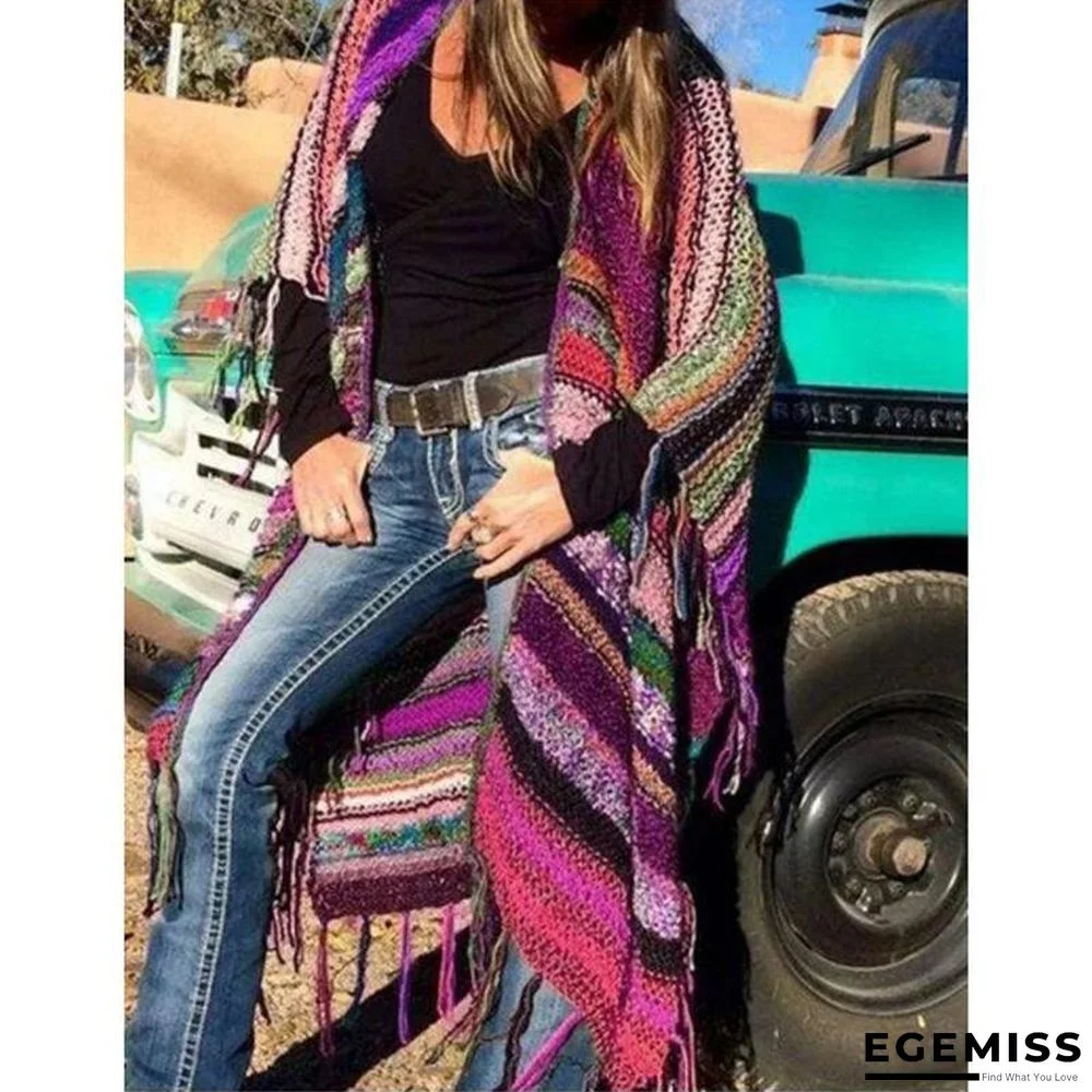 Color-Block Long Sleeve Tassel Knitted Outerwear | EGEMISS