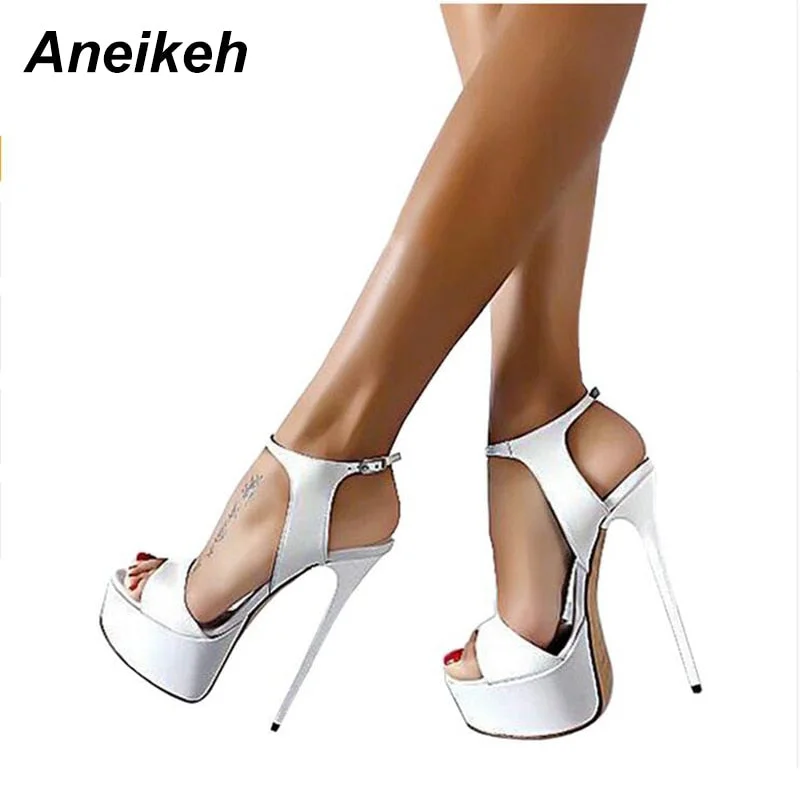 Aneikeh Hot Sales 2022 Summer Style Sexy 16cm Women Sandals High Heels Open Toe Buckles Nightclub Party Shoe Black Big Size 15