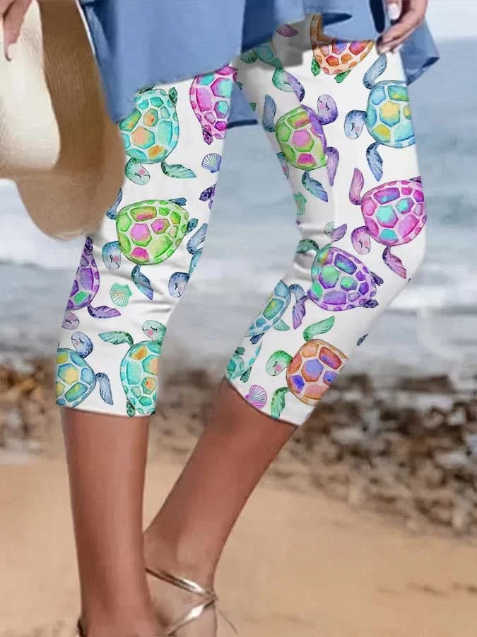 Vacation Watercolor Sea Turtle Print Leggings socialshop