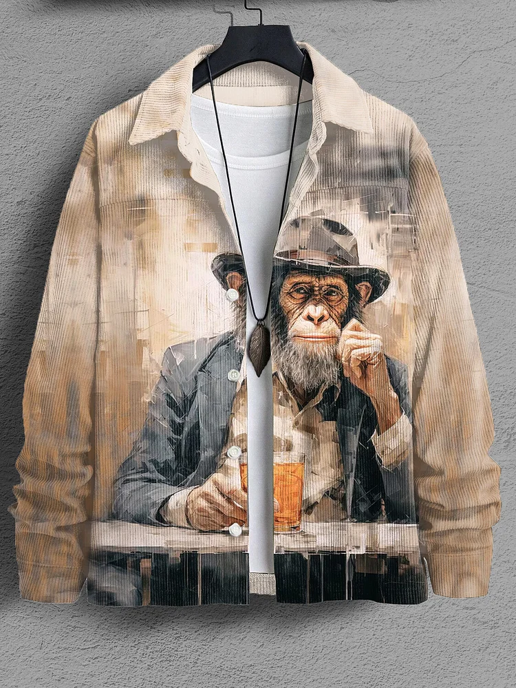 Men's Fun Monkey Gentleman Drink Oil Painting Print Corduroy Long Sleeve Shirt